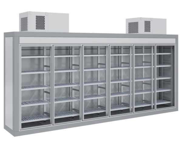 Холодильная пристенная камера со стеклянным фронтом КХН-4.77 (760х4060х2200) 80мм, 5 дверей распаш.
