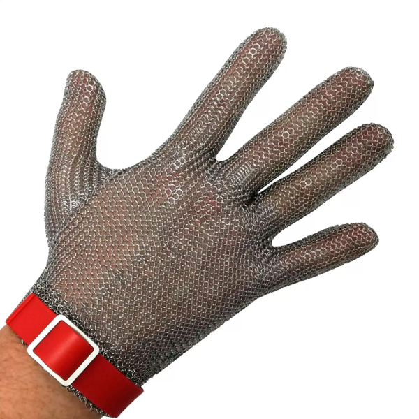 sk_Перчатка кольчужная 5-ти палая, размер M, красный ремешок, материал AISI 316L