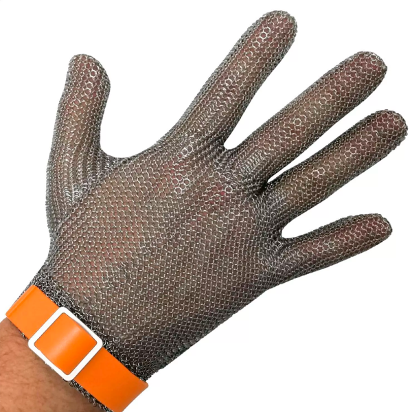 sk_Перчатка кольчужная 5-ти палая, размер XL, оранжевый ремешок, материал AISI 316L