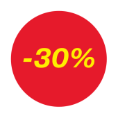 Ценники-стикеры самоклеящиеся "минус 30%", съемный клей, круг 29мм, красный с желтым (250шт)