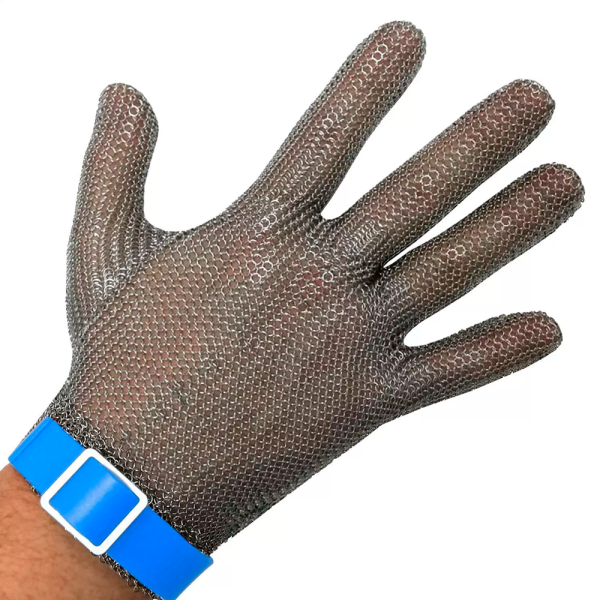 sk_Перчатка кольчужная 5-ти палая, размер L, синий ремешок, материал AISI 316L