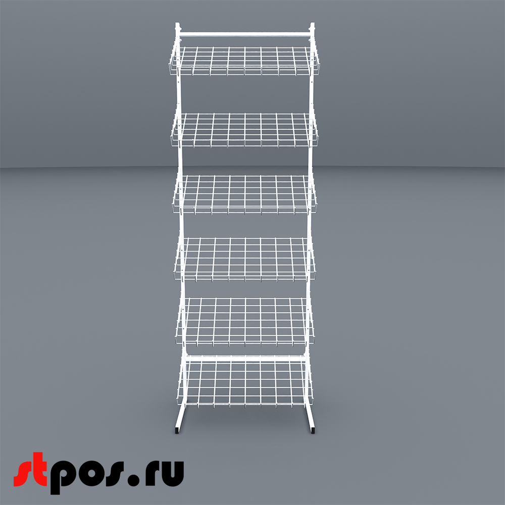 00_НАБОР Стойка торговая универсальная 1850x640мм 6 наклон-корзин 640мм (сварная рама), RAL9016, Белый