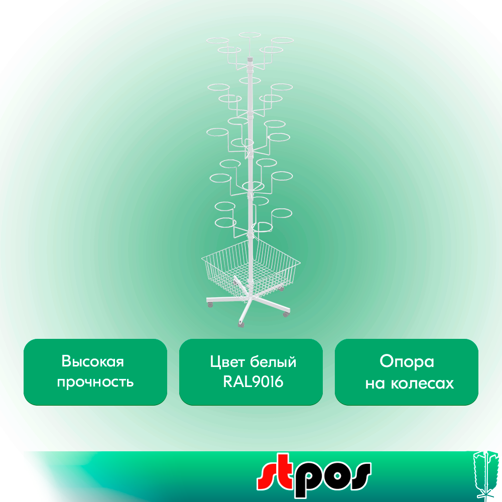02_КОМПЛЕКТ Стойка вращающаяся 5 дисплеев для головных уборов+корзина,опора 5лучей+колеса,RAL9016,Белый