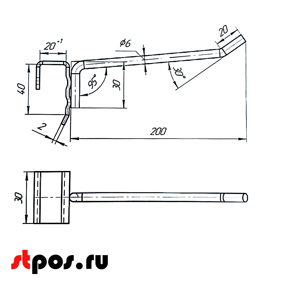02_Крючок для штанги 40х20 (профиль) одинарный 200мм, d6, без покрытия