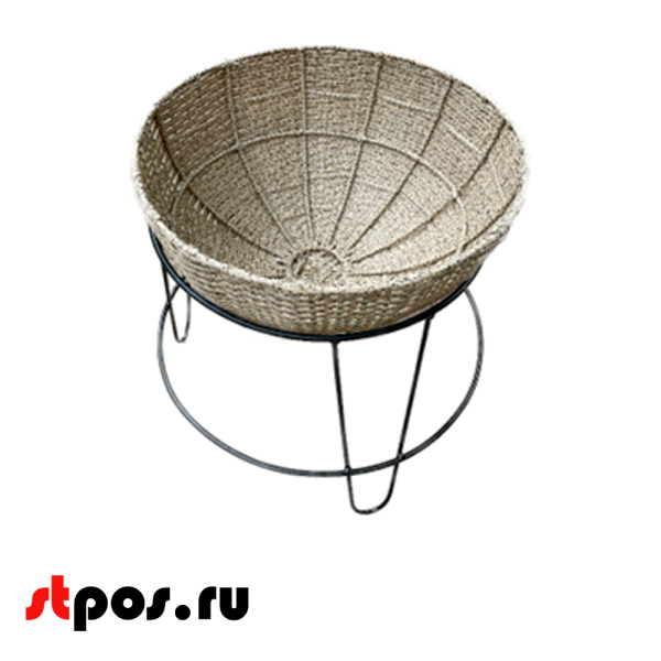 00_Стойка металлическая черная с круглой плетеной корзиной, (чаша 100х550хвыс300), цвет натуральный