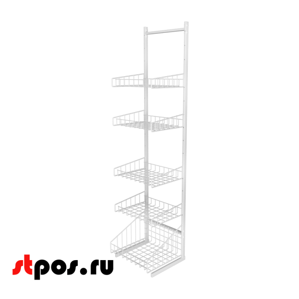00_НАБОР Стойка прикассовая ОДНОСТОРОННЯЯ в сборе, 440мм, 4 прямые полки, 1 корзина, RAL9016, Белый