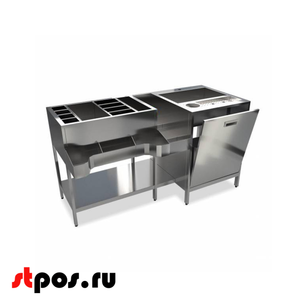 00_Барная станция 1600х500(700)х850 1 рейл, омыватель дстаканов, откидной бункер, Нержавеющая сталь