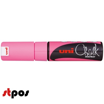 00 Маркер меловой Uni Chalk 8K 8мм клиновидный РОЗОВЫЙ флуоресцентный. На фото — вид закрытого маркера