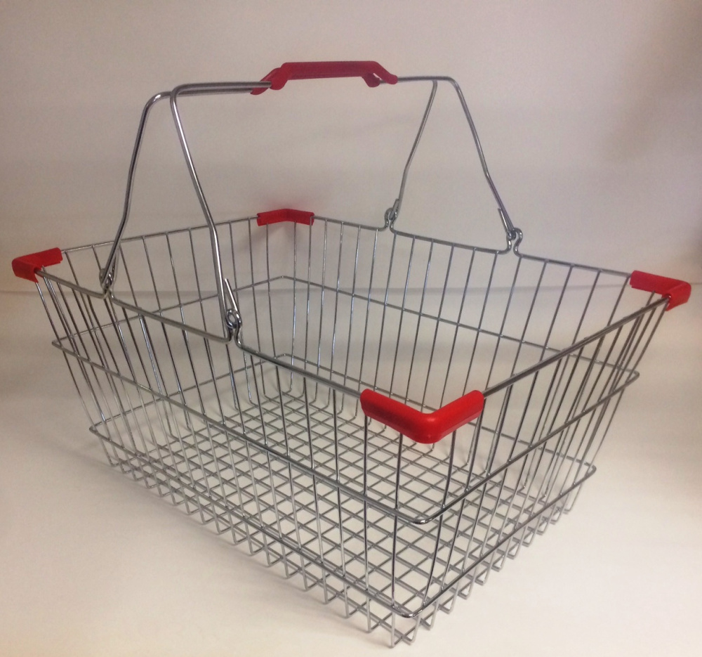 00_Корзина покупательская металлическая 22л, хром, красные ручки и уголки, 22CR-RD