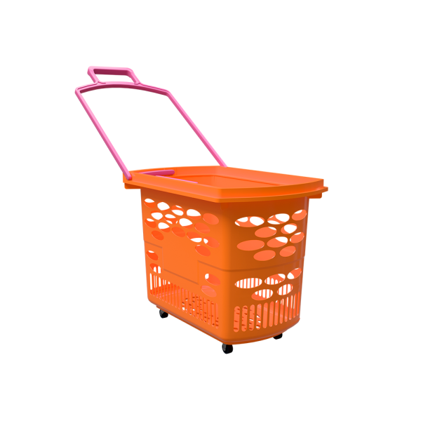 sk_Корзина-тележка пластиковая 4 колеса 38 литров TECHNO SE, оранжевый (флюр) с 2 ручками цвета фуксия