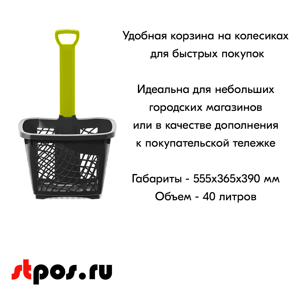 12_Корзина-тележка покупательская Wanzl GT40eco пластиковая чёрная на 2 колёсах с зелёной ручкой