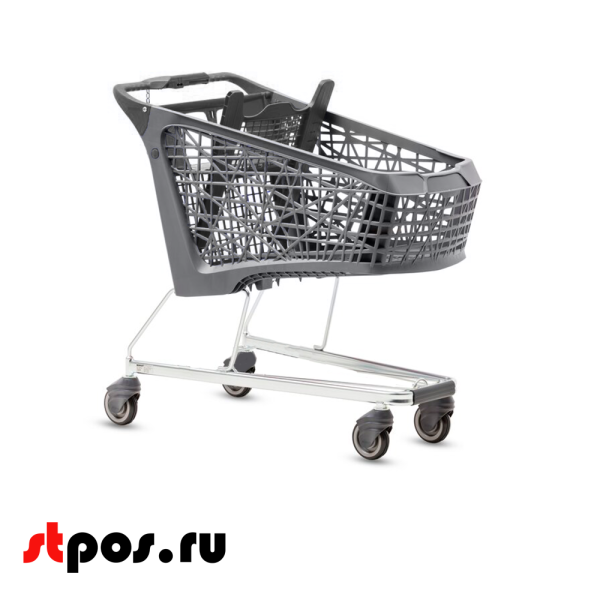 00_Тележка покупательская Salsa 150л, бплатф.Серый,с кол.для траволатора,зад ст,дет.сиден,ручка,Черный