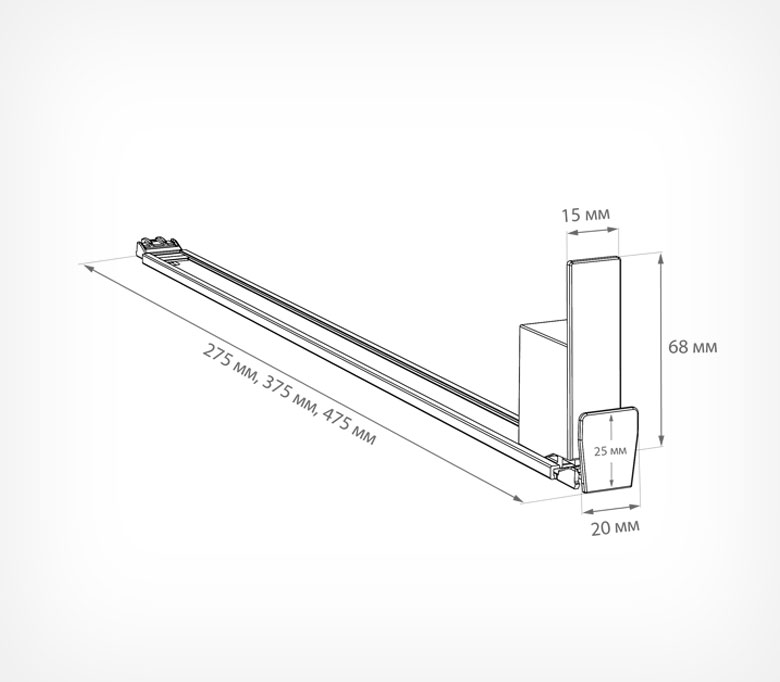 04_Пружинный толкатель 15х68 мм FORTA SLIMA-1 3N, с ограничителем 20х25 мм, 3 ньютона, 385 мм, серый