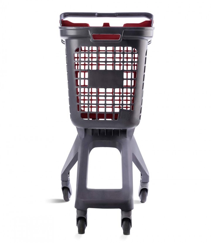 03_Тележка покупательская пластиковая 80л (UP80), 495х630x105мм, серая, задняя стенка корзины красная
