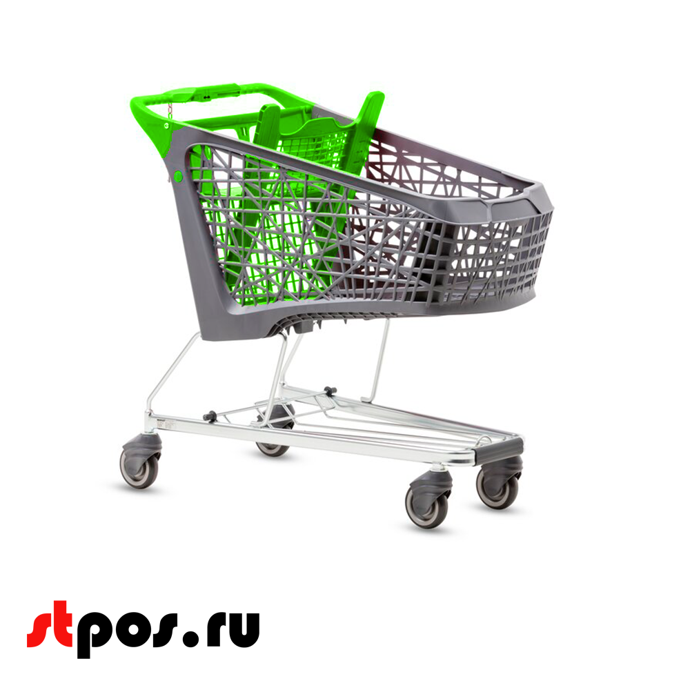 00_Тележка покупательская Salsa 150л, б/платф,корзина, Серый,задняя стенка,дет.сидение,ручка,Зеленый