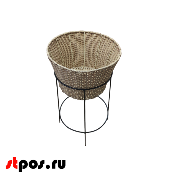 00_Стойка металлическая черная с круглой плетеной корзиной из полиротанга,840х450х450мм,цвет натуральн