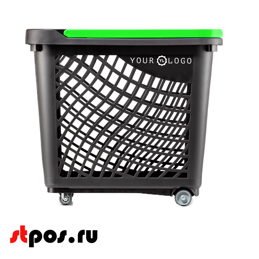 00_Корзинка покупательская Wanzl GT60eco 63л,До35кг,4 колеса(2поворот.),RAL9005 Чёрный, Ручка салатовая
