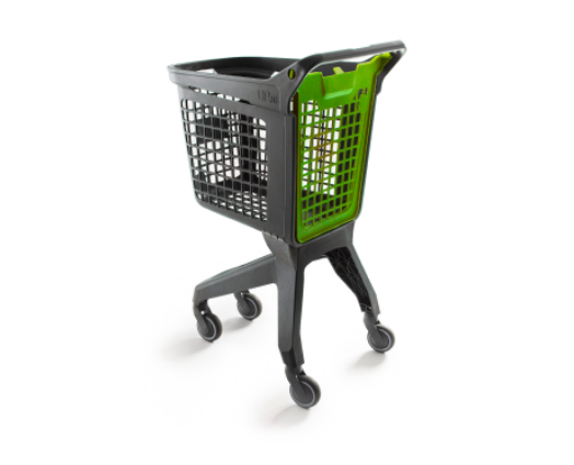 02_Тележка покупательская пластиковая 80л (UP80), 495х630x105мм, серая, задняя стенка корзины зеленая