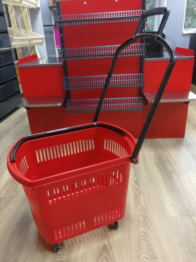 1_Корзина тележка пластиковая 4 колеса 45л, 2 ручки, Желтый, YE (в красном цвете)