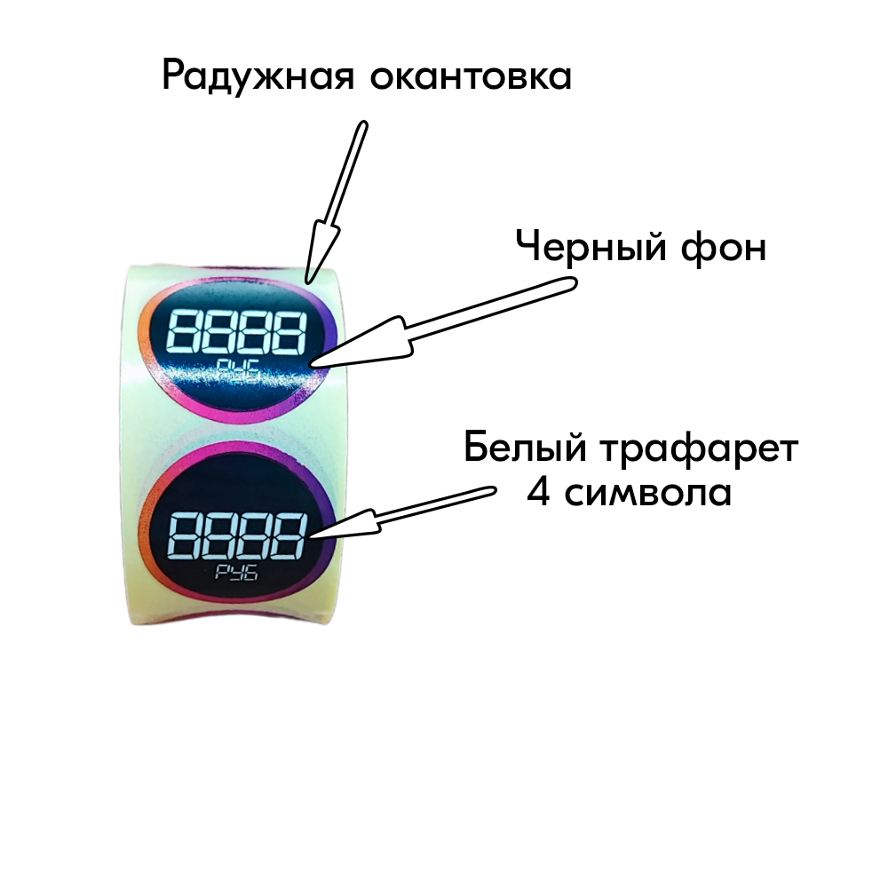 02_Ценники-трафареты INSTA самоклеящиеся, съемный клей, d29мм, черные с бел. траф., 4знака+РУБ (250шт)