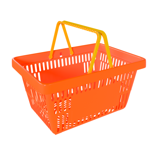 sk_1_Корзина покупательская пластиковая ОРАНЖЕВАЯ (флюр) с 2 желтыми ручками УСИЛЕННАЯ ROCK SE 20 л