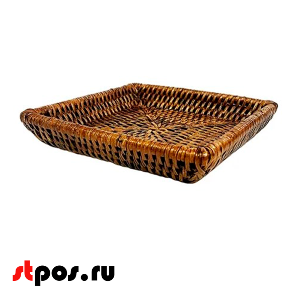 00_Поднос прямоугольный плетенный из натурального ротанга, 180х160х30 мм, Коричневый