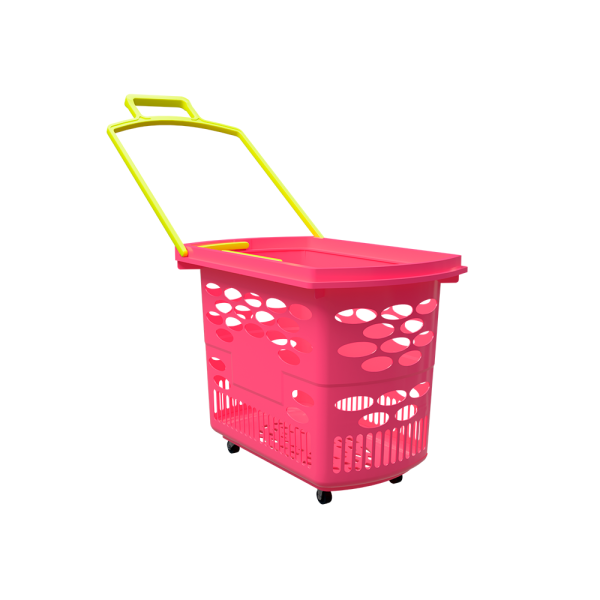 sk_Корзина-тележка пластиковая 4 колеса 38 литров TECHNO SE, розовый (флюр) с 2 жёлтыми ручками