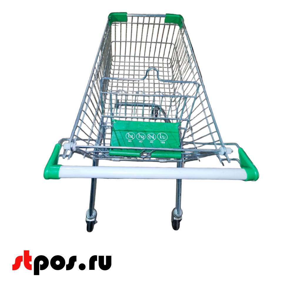 01_Тележка покупательская 100 литров, цинк+лак, c детским сидением (европейский тип), Зеленый