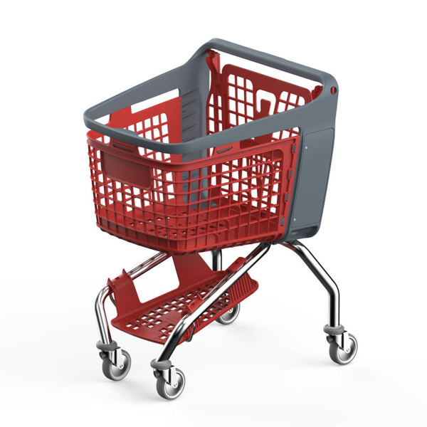 1_Тележка покупательская пластиковая BRAVO 110 литров,  корпус моноблок, Красный/Серый