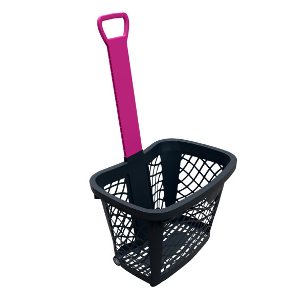 sk_Корзина-тележка покупательская GT40eco пластиковая чёрная на 2 колёсах с ручкой цвета маджента