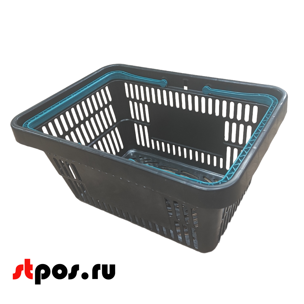 01_Корзина покупательская пластиковая ЧЁРНАЯ с 2 БИРЮЗОВЫМИ ручками УСИЛЕННАЯ ROCK 20л