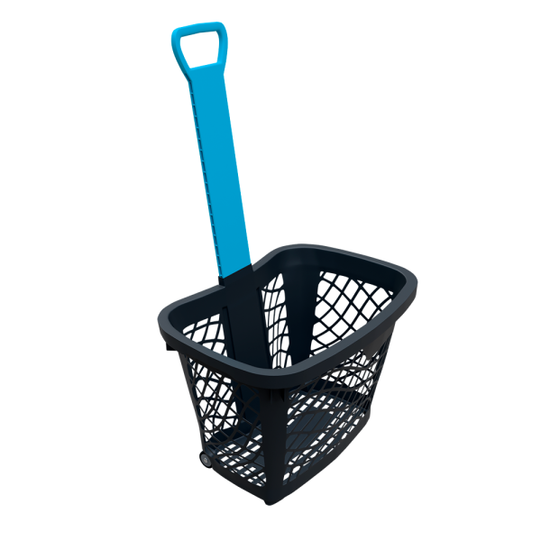 sk_Корзина-тележка покупательская GT40eco пластиковая чёрная на 2 колёсах с голубой ручкой 