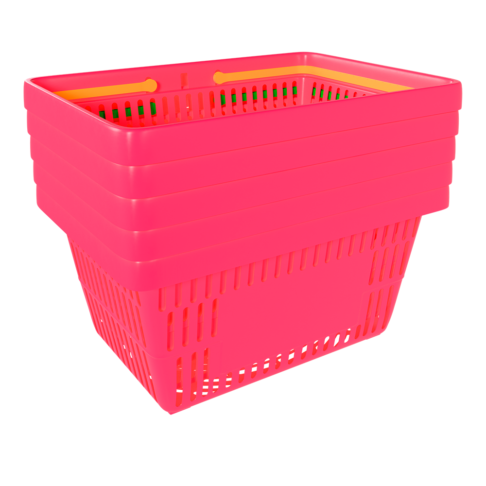 sk_3_Корзина покупательская пластиковая РОЗОВАЯ (флюр) с 2 желтыми ручками УСИЛЕННАЯ ROCK SE 20 л