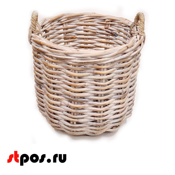 00_Корзина круглая плетеная из натурального ротанга с двумя ручками, D-570мм высота 530 мм, Белый 