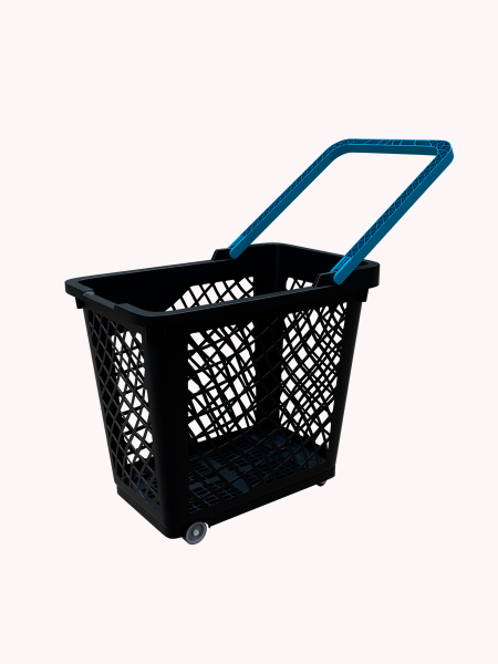 sk_Корзинка покупательская GT60eco 63л,До35кг,4 колеса(2поворот.),RAL9005 Чёрный, Ручка голубая