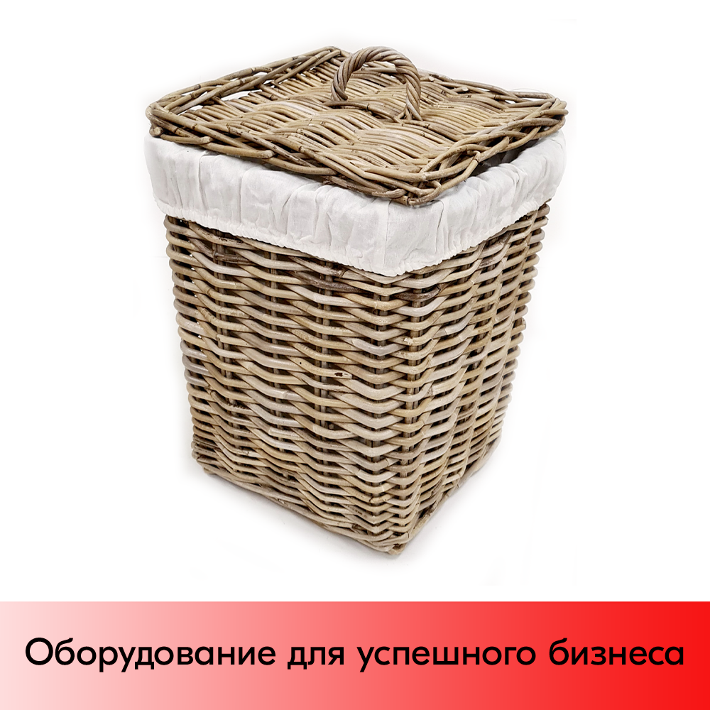 01_Корзинка квадратная плетеная из натурального ротанга+ткань,с крышкой с ручкой, 340х340х420 мм, Серый