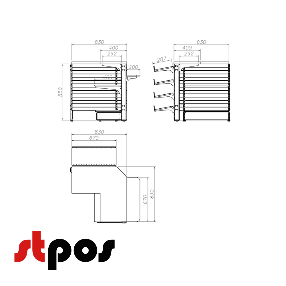 02 Кассовый модуль угловой 830х830х900 мм Нордика RAL 9016, Белый, фронтальные полки 4х300мм + 1х200мм ЛДСП. Приведены схематические изображения модуля с различных ракурсов. 02 Кассовый модуль угловой 830х830х900 мм Нордика RAL 9016, Белый, фронтальные полки 4х300мм + 1х200мм ЛДСП. Приведены схематические изображения модуля с различных ракурсов.