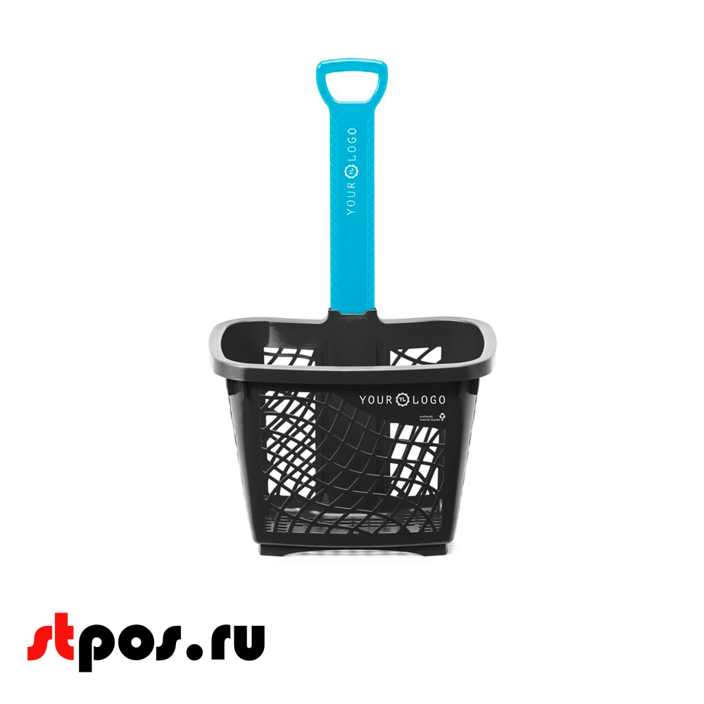 00_Корзина-тележка покупательская Wanzl GT40eco пластиковая чёрная на 2 колёсах с голубой ручкой 