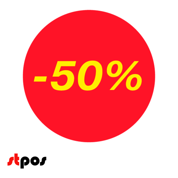 00_Ценники-стикеры самокл., полипропелен,минус 50%, съемный клей, круг 29мм, красный с желтым (250шт)