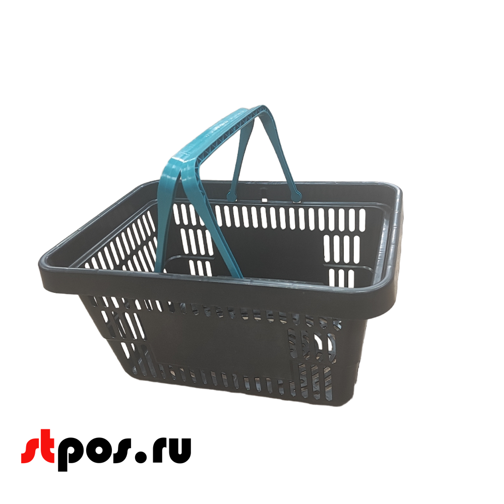 00_Корзина покупательская пластиковая ЧЁРНАЯ с 2 БИРЮЗОВЫМИ ручками УСИЛЕННАЯ ROCK 20л