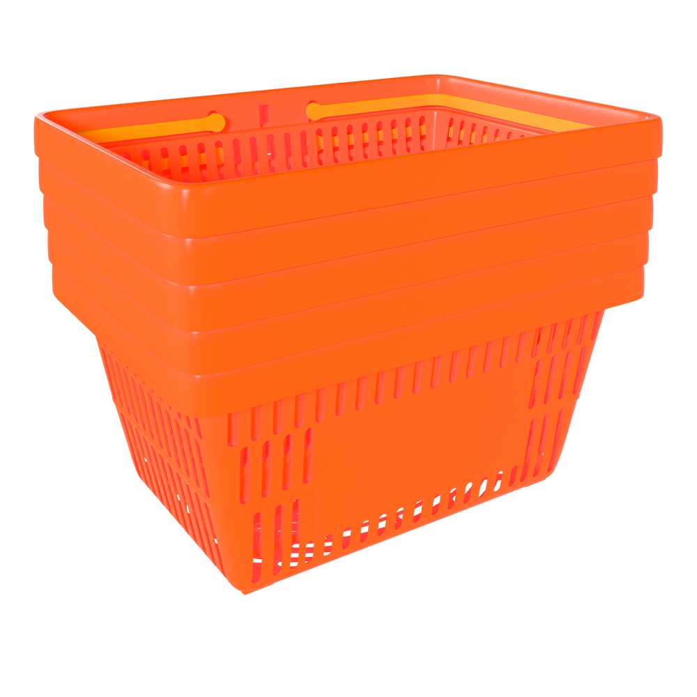 sk_3_Корзина покупательская пластиковая ОРАНЖЕВАЯ (флюр) с 2 желтыми ручками УСИЛЕННАЯ ROCK SE 20 л