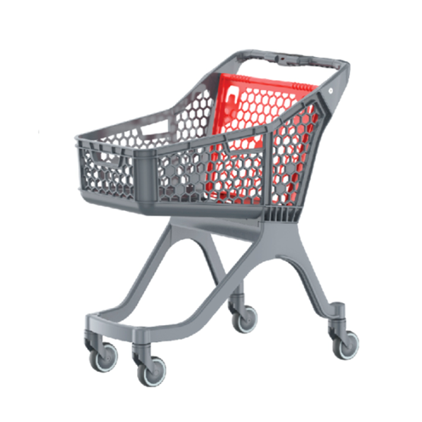 stpos1_Тележка покупательская пластиковая без д-с SURF S100, 848х570х996мм, Серая, с красной задней стенкой