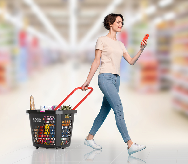 02_Корзина-тележка пластиковая 4 колеса, 80 литров, Черная с Черной ручкой