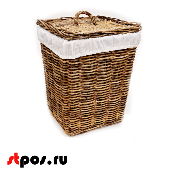 00_Корзинка квадратная плетеная из натурального ротанга+ткань,с крышкой с ручкой, 340х340х420 мм, Коричневый