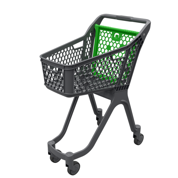 stpos_Тележка покупательская пластиковая без дс VIBE, 60л, 750х1010х470мм, Серая, с зеленой задней стенкой