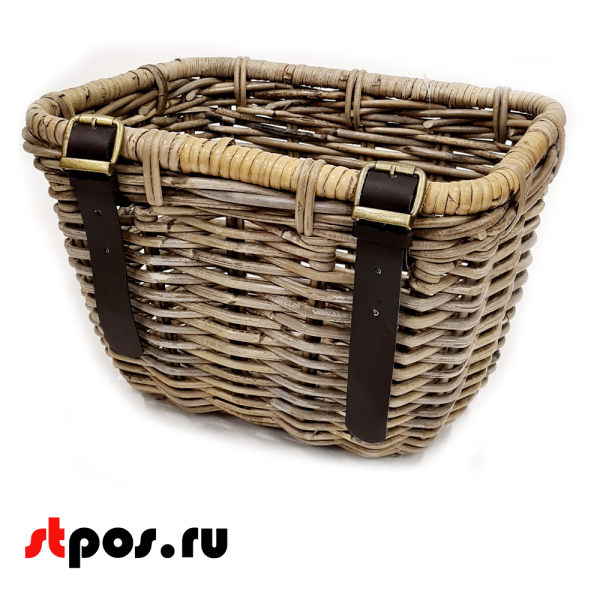 00_Корзинка подвесная плетеная из натурального ротанга, с кожанными ремнями, 350х260х240 мм, Серый