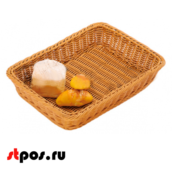 00_Корзинка пластиковая, плетеная, прямоугольная, глубокая, лоза, 450х350х80мм, Светло-коричневая