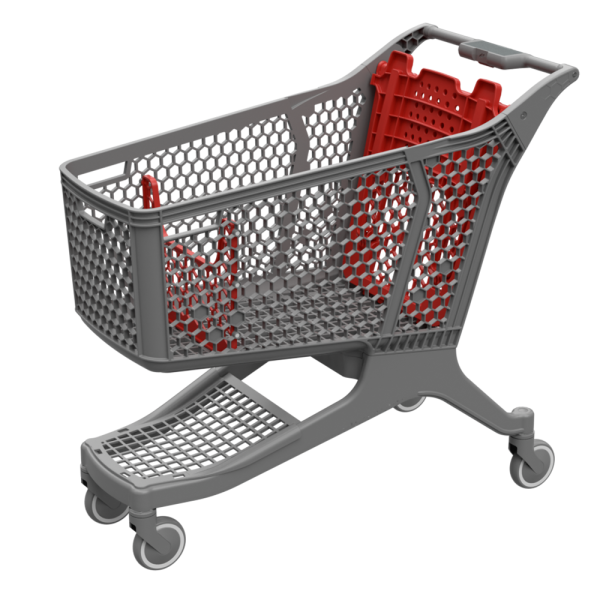 stpos_Тележка покупательская пластиковая DRIFT, 180л,Серая,с красными д/с,разделителем,серой нижней полкой
