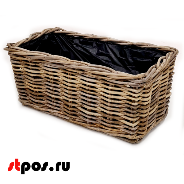 00_Корзинка прямоугольная плетеная из натурального ротанга, внутри полиэтилен,440х270х190 мм, Серый