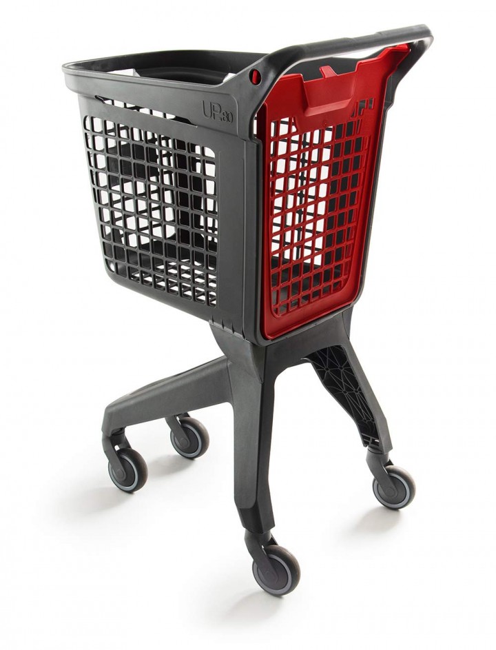02_Тележка покупательская пластиковая 80л (UP80), 495х630x105мм, серая, задняя стенка корзины красная
